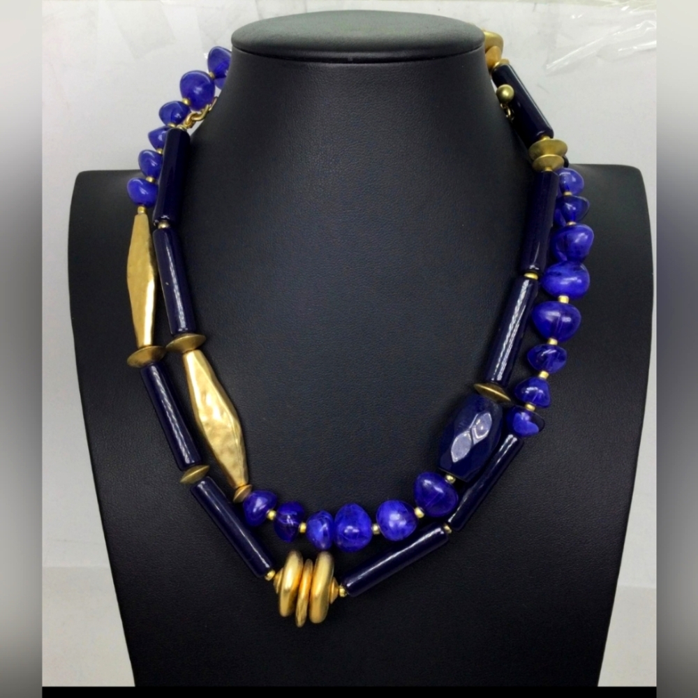 Chico's Gold & Blue Long Beaded Necklace 38"